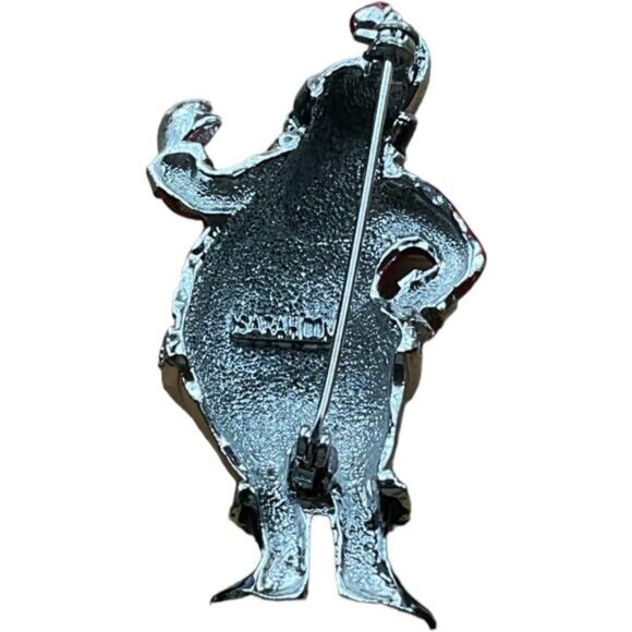 Vintage Santa Claus Rhinestone Brooch Pin Red & Black Enamel Silver Tone Metal - Picture 2 of 4